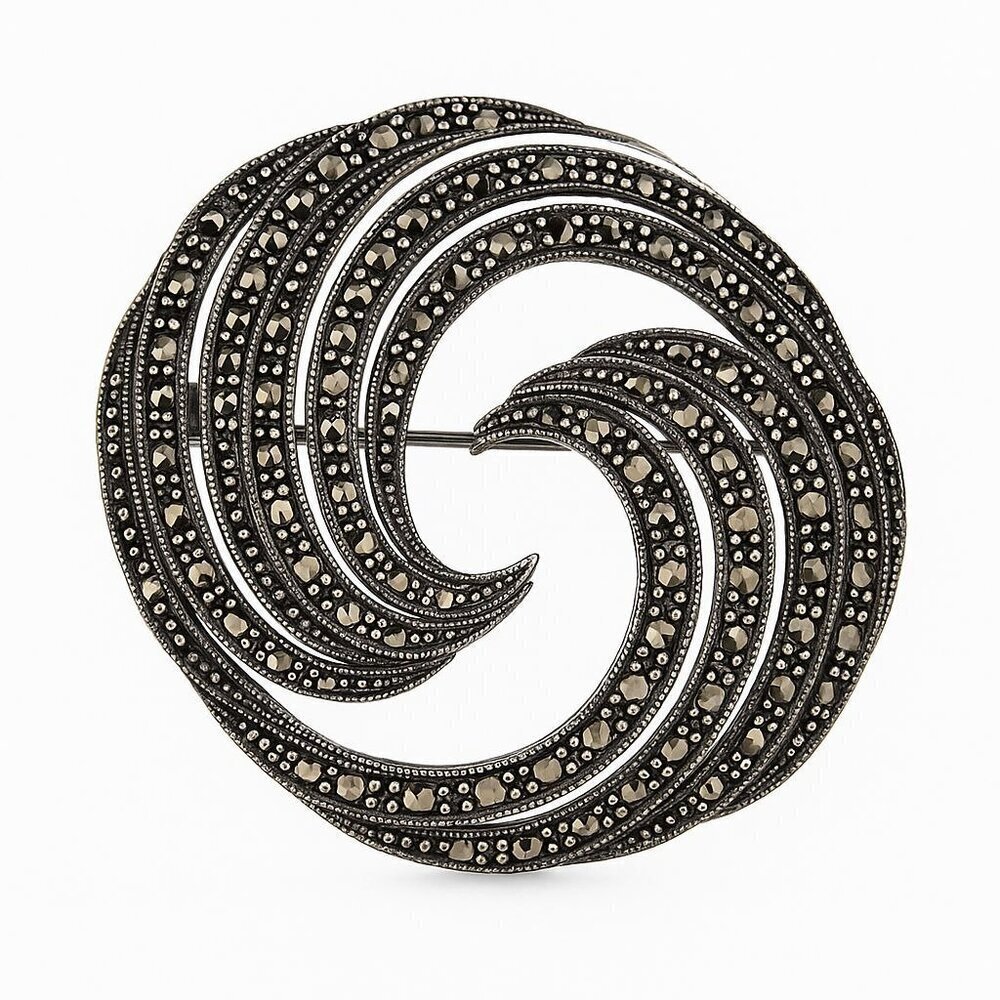 Sterling Silver Marcasite Swirl Brooch – Signed Sterling – Vintage Style Dimensi